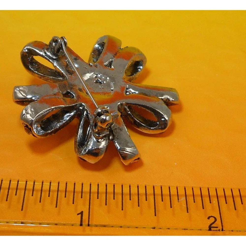 Vintage 1990s Amber Rhinestone Flower Brooch Pin Aurora Borealis Center‎ Silver